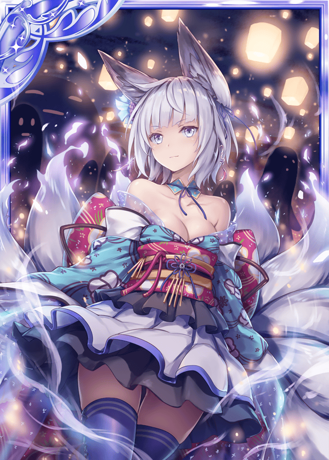 1girl akkijin animal_ears bare_shoulders breasts card_(medium) fox_ears fox_girl fox_tail frilled_skirt frills ghost hitodama japanese_clothes lamp looking_at_viewer medium_breasts multiple_tails night night_sky official_art shinkai_no_valkyrie short_hair silver_hair skirt sky tail thigh-highs violet_eyes wind