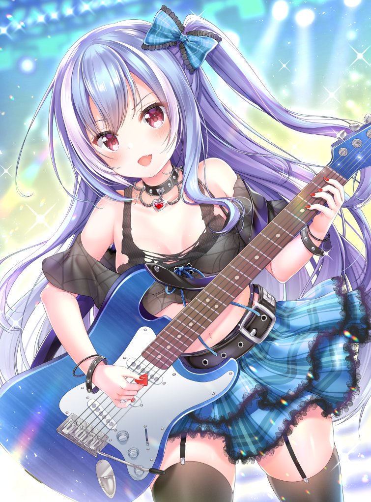 1girl :d aoba_project aoba_rena bare_shoulders belt black_bra black_legwear black_shirt blue_hair blue_skirt bow bra bracelet breasts choker collarbone commentary_request cowboy_shot crop_top electric_guitar fang garter_straps glint guitar hair_bow heart instrument jewelry layered_skirt long_hair looking_at_viewer medium_breasts midriff miniskirt multicolored_hair music nail_polish navel off-shoulder_shirt off_shoulder one_side_up open_mouth plaid plaid_skirt playing_instrument punk red_eyes red_nails sakura_moyon shirt skindentation skirt smile solo sparkle stage_lights thigh-highs torn_clothes two-tone_hair underwear v-shaped_eyebrows very_long_hair white_hair zettai_ryouiki