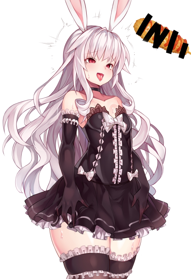 1girl animal_ears black_dress black_gloves black_legwear choker commentary_request ddg160 dress elbow_gloves elin_(tera) food garters gloves korean_commentary long_hair open_mouth rabbit_ears red_eyes short_dress silver_hair simple_background solo tera_online thigh-highs tongue tongue_out very_long_hair white_background zettai_ryouiki