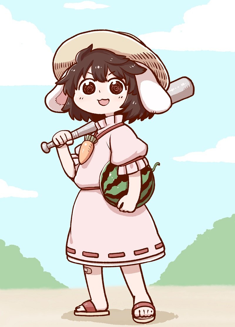 1girl animal_ears bandaid bandaid_on_knee baseball_bat brown_eyes brown_hair bush carrot_necklace carrying_over_shoulder clouds dress eyebrows_visible_through_hair food fruit full_body holding holding_food holding_fruit inaba_tewi metal_baseball_bat open_mouth outdoors pink_dress poronegi puffy_short_sleeves puffy_sleeves rabbit_ears shadow short_hair short_sleeves slippers solo standing touhou watermelon