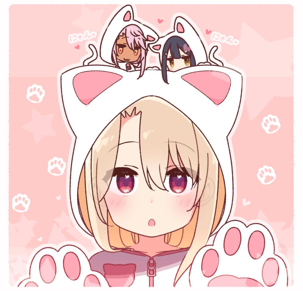 3girls :3 :o animal_ears animal_hood bangs black_hair blush brown_eyes cat_ears cat_girl cat_hood cat_tail chibi chibi_on_head chloe_von_einzbern closed_mouth collarbone commentary_request dark_skin ears_visible_through_hair eyebrows_visible_through_hair fake_animal_ears fate/kaleid_liner_prisma_illya fate_(series) gloves hair_between_eyes heart hood hood_up hooded_jacket illyasviel_von_einzbern jacket light_brown_hair long_hair miyu_edelfelt multiple_girls on_head orange_eyes parted_lips paw_background paw_gloves paws pink_hair red_eyes star tail translated upper_body white_gloves white_jacket x-ray yoru_nai