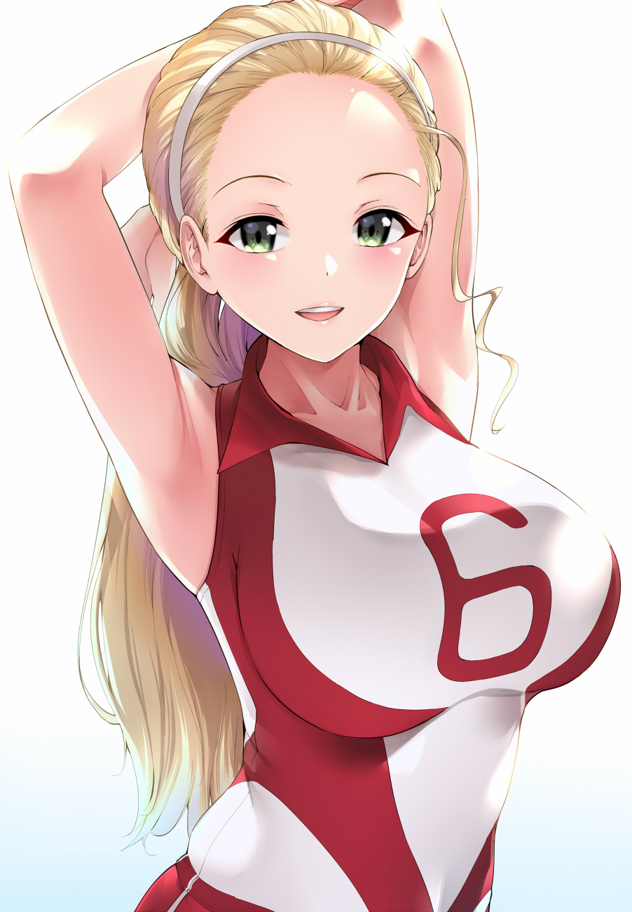 1girl :d amasora_taichi armpits arms_behind_head arms_up blonde_hair blush breasts collarbone commentary_request forehead girls_und_panzer gradient gradient_background green_eyes hairband highres large_breasts long_hair looking_at_viewer number open_mouth ponytail round_teeth sasaki_akebi sleeveless smile solo sportswear teeth upper_body upper_teeth very_long_hair volleyball_uniform white_background white_hairband