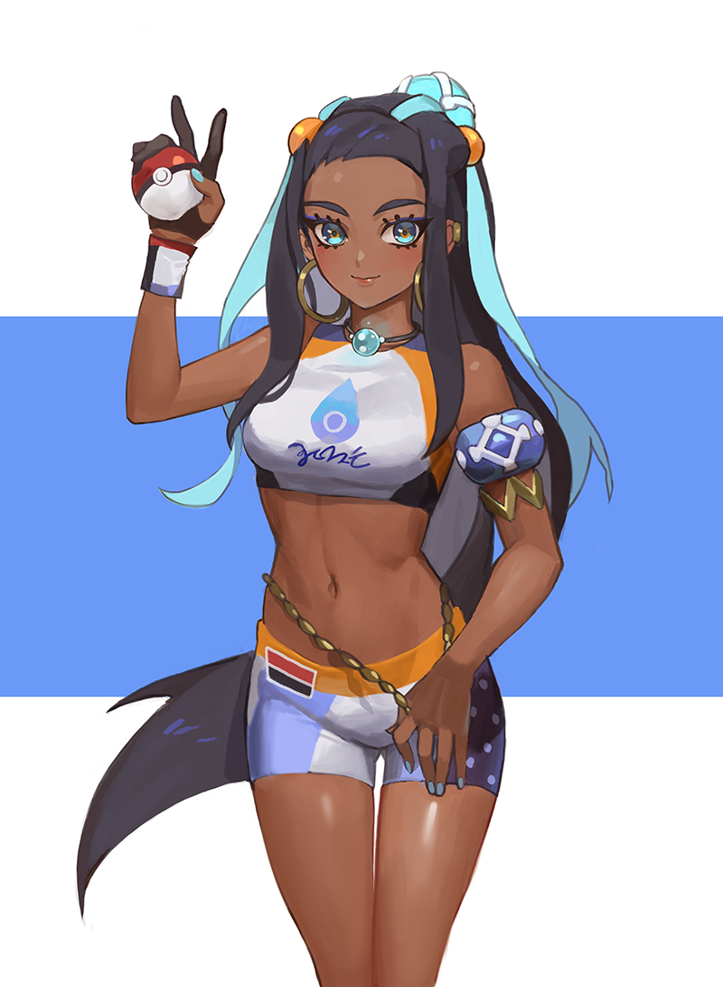 1girl aqua_eyes armlet belly_chain bike_shorts black_hair dark_skin earrings eyelashes eyeliner eyeshadow forehead gloves gym_leader hair_bun holding holding_poke_ball hoop_earrings in_(hmq1543) jewelry long_hair looking_at_viewer makeup multicolored_hair navel necklace partly_fingerless_gloves poke_ball pokemon pokemon_(game) pokemon_swsh rurina_(pokemon) simple_background single_glove smile sportswear tank_top two-tone_hair v wristband