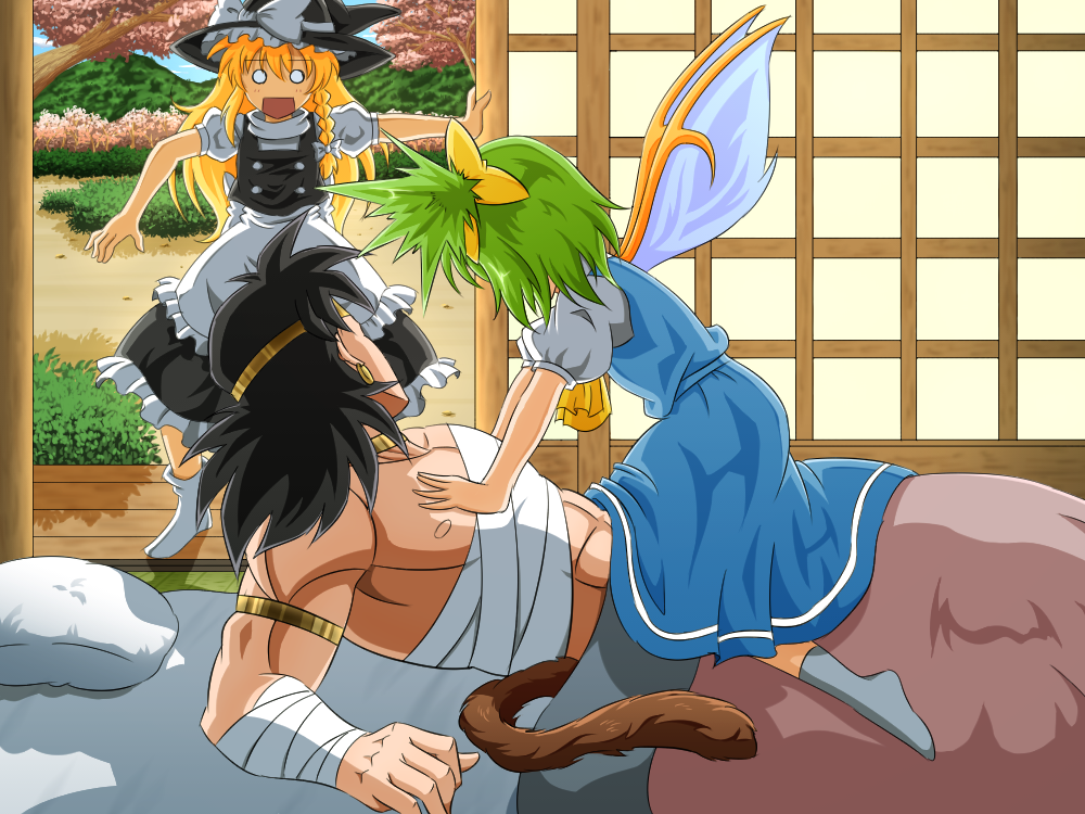 1boy 2girls abs apron armband ascot bandaged_arm bandages black_hair blanket blonde_hair blue_dress bow braid broly circlet crossover daiyousei dragon_ball dragon_ball_z dress fairy_wings frilled_skirt frills futon grass green_hair hair_bow hat kirisame_marisa lying monkey_tail multiple_girls muscle no_shoes ohoho on_back pillow puffy_short_sleeves puffy_sleeves short_sleeves side_ponytail single_braid size_difference skirt sliding_doors solid_circle_eyes tail touhou tree waist_apron wings witch_hat