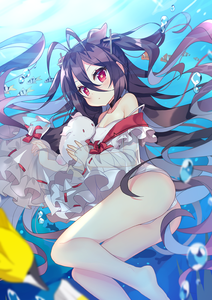 +_+ 1girl air_bubble antenna_hair ass azur_lane bangs bare_shoulders barefoot black_hair blurry bubble carrying choker closed_mouth collarbone commentary_request creature cross day depth_of_field fish floating_hair freediving frills hair_between_eyes i-168_(azur_lane) kurot long_hair long_sleeves looking_at_viewer one-piece_swimsuit red_eyes see-through sidelocks sleeves_past_fingers sleeves_past_wrists solo swimsuit thighs two_side_up underwater very_long_hair water white_swimsuit