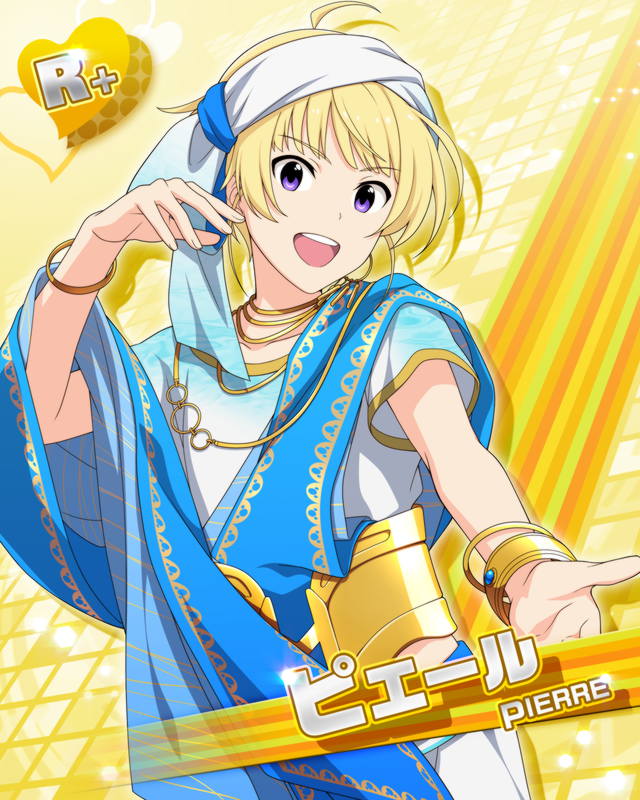 blonde_hair character_name dress idolmaster idolmaster_side-m pierre_(idolmaster) sash short_hair smile violet_eyes