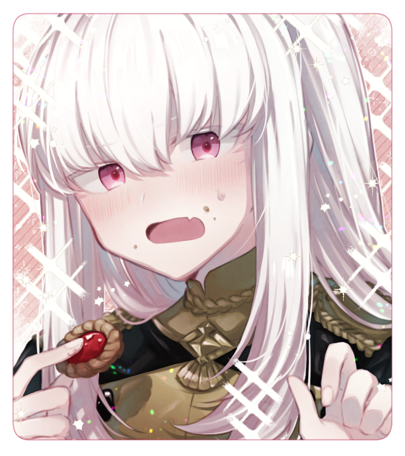 1girl bangs blush epaulettes fire_emblem fire_emblem:_three_houses komagusa long_hair long_sleeves looking_at_viewer lysithea_von_ordelia open_mouth pink_eyes simple_background solo uniform upper_body violet_eyes white_background white_hair
