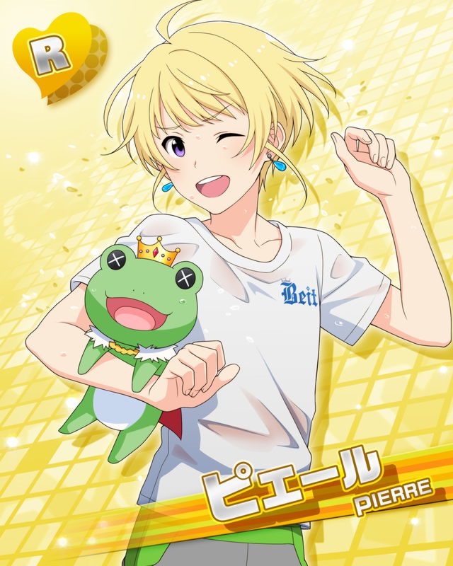 blonde_hair character_name idolmaster idolmaster_side-m pierre_(idolmaster) polo_shirt short_hair smile violet_eyes wink