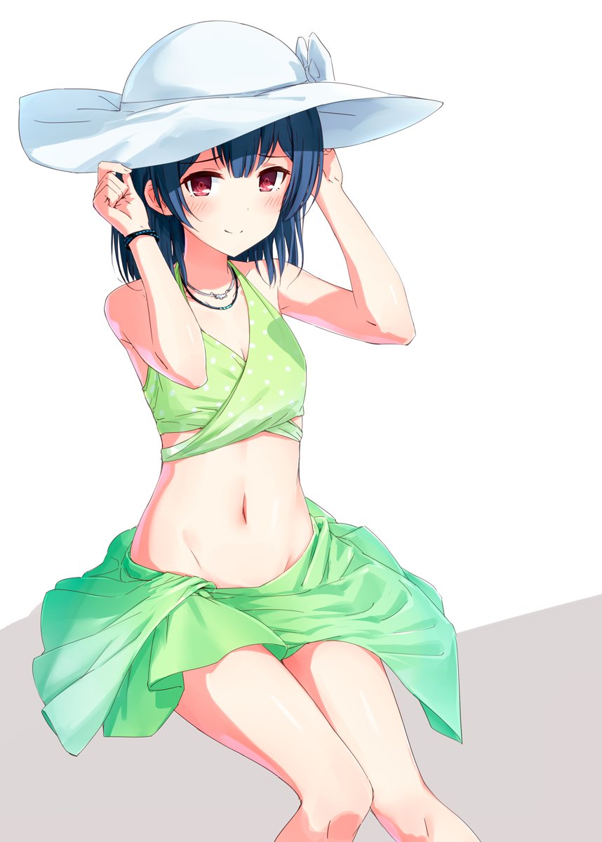 1girl bangs bikini blue_hair blush bow commentary_request flat_chest green_bikini green_sarong groin hands_on_headwear hat hat_bow highres idolmaster idolmaster_shiny_colors jewelry looking_at_viewer morino_rinze navel necklace polka_dot red_eyes sarong short_hair sitting smile solo suke_(momijigari) sun_hat swimsuit white_bow white_headwear