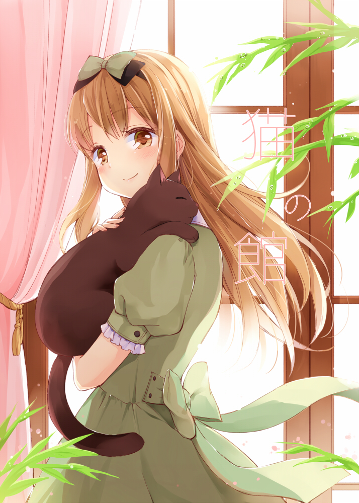 1girl animal bangs black_bow black_cat black_hairband blush bow brown_eyes brown_hair cat closed_eyes closed_mouth commentary_request cover cover_page cowboy_shot curtains dress eyebrows_visible_through_hair fingernails frilled_sleeves frills from_side green_bow green_dress hairband hazuki_natsu holding holding_animal indoors leaf long_fingernails long_hair looking_at_viewer looking_to_the_side nail_polish original petting pink_nails puffy_short_sleeves puffy_sleeves revision shiny shiny_hair short_sleeves sidelocks solo tareme tassel translated water water_drop white_background window