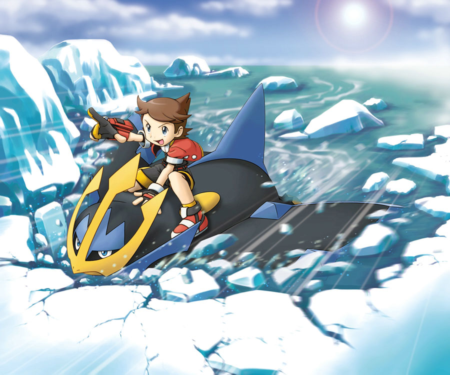 1boy artist_request bangs belt bird black_gloves black_shorts blue_eyes blue_sky brown_hair clouds cloudy_sky creature day empoleon fingerless_gloves furrowed_eyebrows gen_4_pokemon gloves hajime_(pokemon) ice male_focus official_art outdoors pointing pokemon pokemon_(creature) pokemon_(game) pokemon_ranger pokemon_ranger_2 pokemon_ranger_uniform riding riding_pokemon shoes short_sleeves shorts sky socks solo_focus spiky_hair sun water yellow_legwear