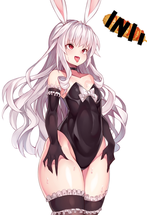 1boy 1girl animal_ears bare_shoulders black_gloves black_legwear black_leotard breasts censored choker commentary_request ddg160 elbow_gloves elin_(tera) food garters gloves hands_on_own_thighs korean_commentary leotard long_hair mosaic_censoring rabbit_ears red_eyes silver_hair simple_background small_breasts strapless strapless_leotard tera_online thigh-highs very_long_hair white_background