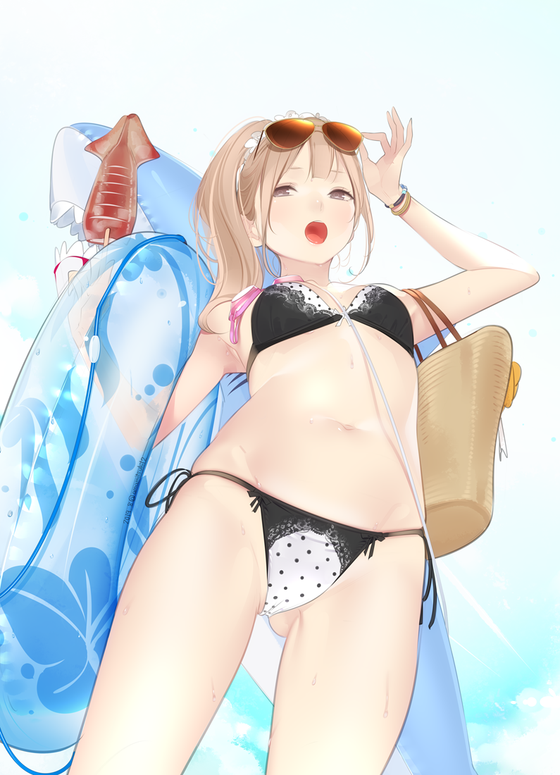 1girl :o ama_mitsuki arm_up armpits ass_visible_through_thighs bare_shoulders bikini black_bikini bracelet breasts brown_eyes brown_hair collarbone commentary_request eyewear_on_head food from_below groin hand_on_eyewear highleg highleg_bikini holding holding_food inflatable_shark inflatable_toy innertube jewelry long_hair looking_at_viewer navel open_mouth original side-tie_bikini side_ponytail skindentation small_breasts solo squid stomach string_bikini sunglasses swimsuit thighs wet
