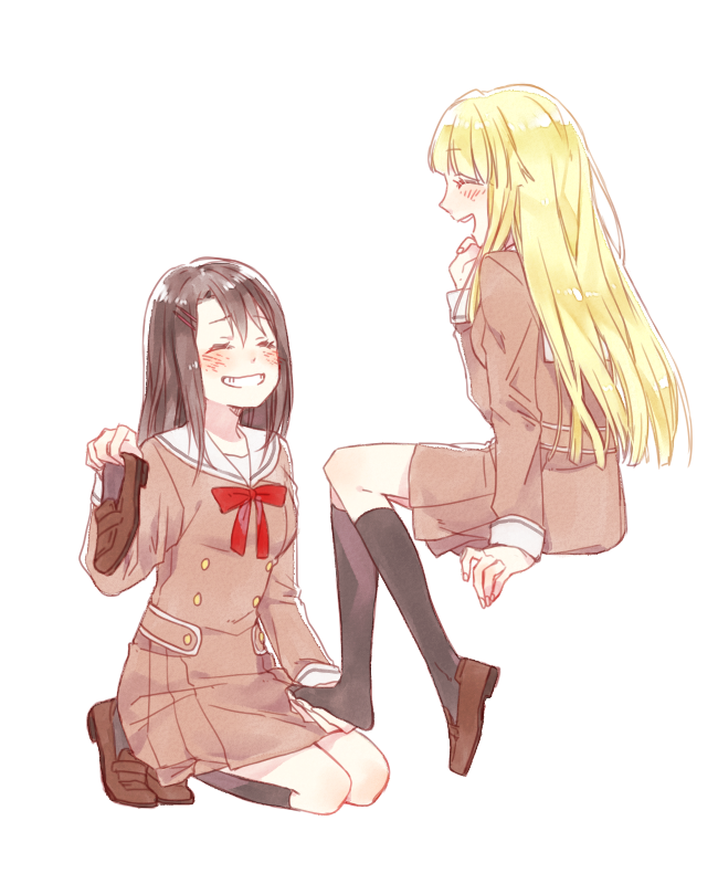 2girls ^_^ bang_dream! bangs black_hair black_legwear blonde_hair blush brown_dress brown_footwear closed_eyes double-breasted dress grin hair_ornament hairpin hanasakigawa_school_uniform hand_up holding holding_another's_foot holding_shoes invisible_chair kamesuke_(turtle0124) kneehighs kneeling loafers long_hair long_sleeves multiple_girls neck_ribbon okusawa_misaki red_neckwear ribbon sailor_dress school_uniform shoe_removed shoes simple_background sitting smile tsurumaki_kokoro white_background