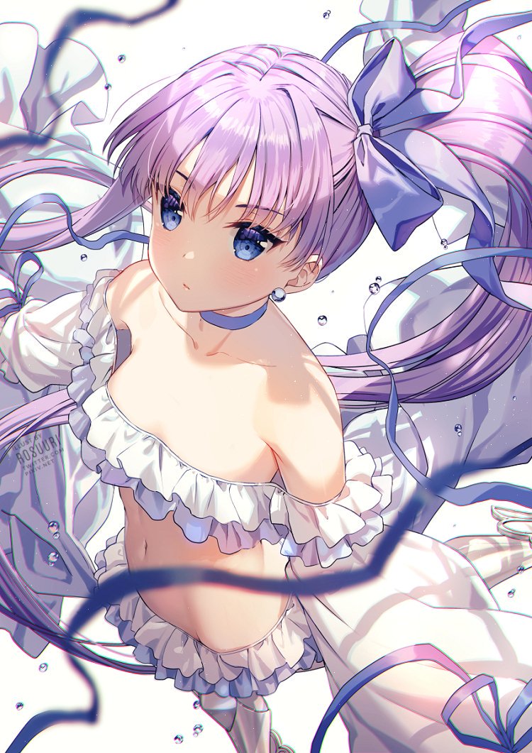 1girl bare_shoulders blue_bow blue_eyes bow bubble choker collarbone earrings eyebrows_visible_through_hair fate/grand_order fate_(series) frills from_above hair_bow jewelry long_hair meltryllis meltryllis_(swimsuit_lancer)_(fate) midriff navel prosthesis prosthetic_leg purple_hair rosuuri side_ponytail simple_background solo swimsuit tsurime very_long_hair white_background