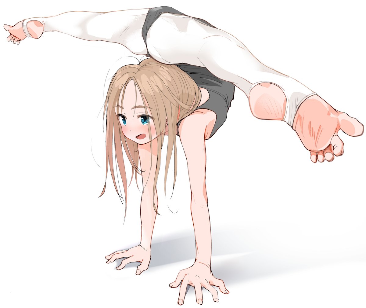 1girl :d ass bare_arms bare_shoulders blonde_hair blue_eyes blush feet flexible full_body highleg highleg_leotard leotard long_hair masuda_(yousaytwosin) open_mouth original simple_background smile soles solo spread_legs stretch toeless_legwear toes white_background white_legwear