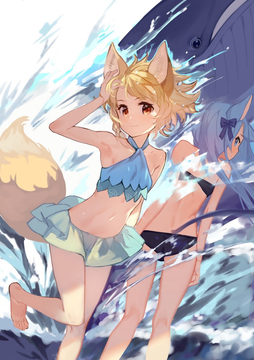 2girls animal_ears arm_up bangs bare_arms bare_legs bare_shoulders barefoot bikini black_bikini blonde_hair blue_bikini blue_bow blue_eyes blue_hair blush bow braid breasts cat_ears cat_girl cat_tail closed_mouth collarbone commentary_request eyebrows_visible_through_hair fox_ears fox_girl fox_tail hair_bow highres long_hair looking_at_viewer looking_back multiple_girls navel okishiji_en original profile red_eyes small_breasts smile standing standing_on_one_leg swimsuit tail very_long_hair water whale