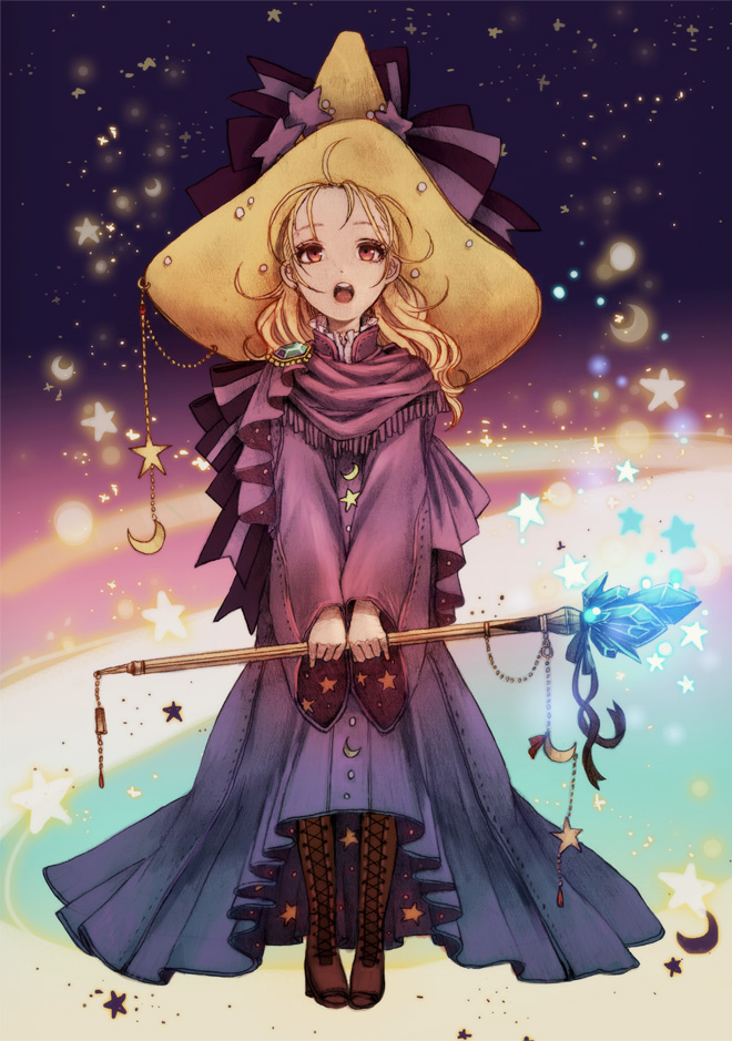 1girl black_mage blonde_hair boots commentary_request final_fantasy final_fantasy_v hat krile_mayer_baldesion long_hair open_mouth robe solo staff witch_hat