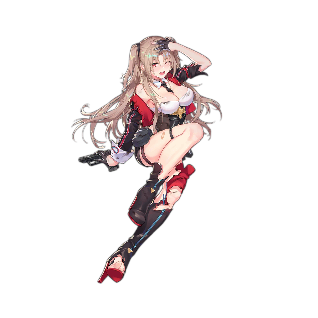 1girl ammunition_pouch bandaid bangs belt black_neckwear black_shorts blush boots breasts buckle damaged detached_collar eyebrows_visible_through_hair full_body girls_frontline gloves gradient_footwear grey_gloves gun h&amp;k_vp70 hair_ornament half_gloves hand_up handgun heckler_&amp;_koch high_heel_boots high_heels highleg highleg_leotard holding holding_gun holding_weapon knee_pads knee_up large_breasts leotard light_brown_hair long_hair looking_at_viewer medal medallion micro_shorts multicolored_leotard navel_cutout necktie official_art one_eye_closed open_mouth parted_bangs pistol pouch red_eyes red_footwear shorts shrug_(clothing) sidelocks skindentation sleeve_cuffs solo star tachi-e thigh-highs thigh_boots torn_clothes transparent_background two_side_up vp70_(girls_frontline) weapon