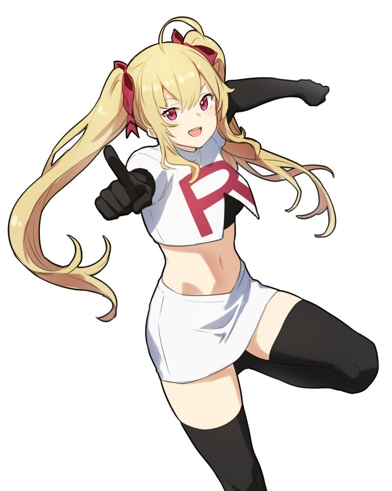 1girl ahoge black_footwear black_gloves blush boots bow clenched_hand commentary cosplay creatures_(company) crop_top elbow_gloves game_freak gloves hair_bow houtengeki leg_up midriff miniskirt navel nintendo open_mouth original original_character pointing pointing_at_viewer pokemon pokemon_(anime) pokemon_(classic_anime) red_eyes running skirt solo team_rocket team_rocket_uniform thigh-highs thigh_boots twintails white_skirt