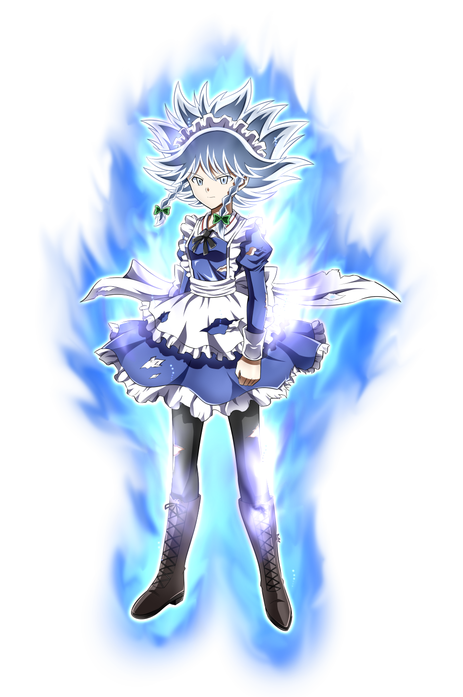 1girl apron aura black_footwear boots bow braid breasts clenched_hand cross-laced_footwear dragon_ball dragon_ball_super dress frilled_apron frilled_dress frills full_body green_bow grey_eyes hair_bow highres izayoi_sakuya maid maid_headdress ohoho pantyhose parody silver_hair small_breasts solo torn_clothes touhou transparent_background twin_braids ultra_instinct