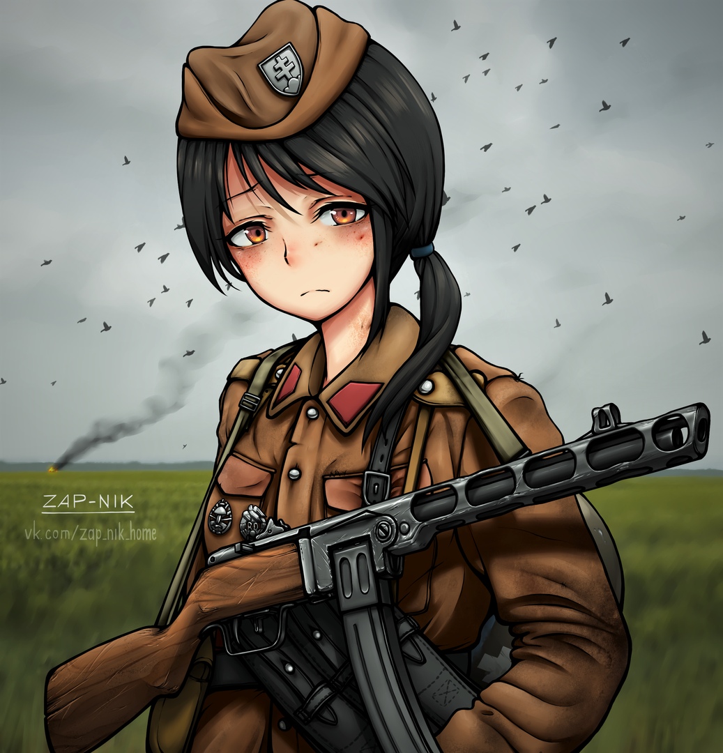 1girl ammunition_pouch artist_name bird black_hair brown_eyes clouds cloudy_sky field fire freckles frown garrison_cap grass gun hat horizon load_bearing_equipment long_hair looking_to_the_side medal military military_uniform original outdoors ponytail pouch ppsh-41 sky sling smoke submachine_gun uniform upper_body war watermark weapon world_war_ii zap-nik