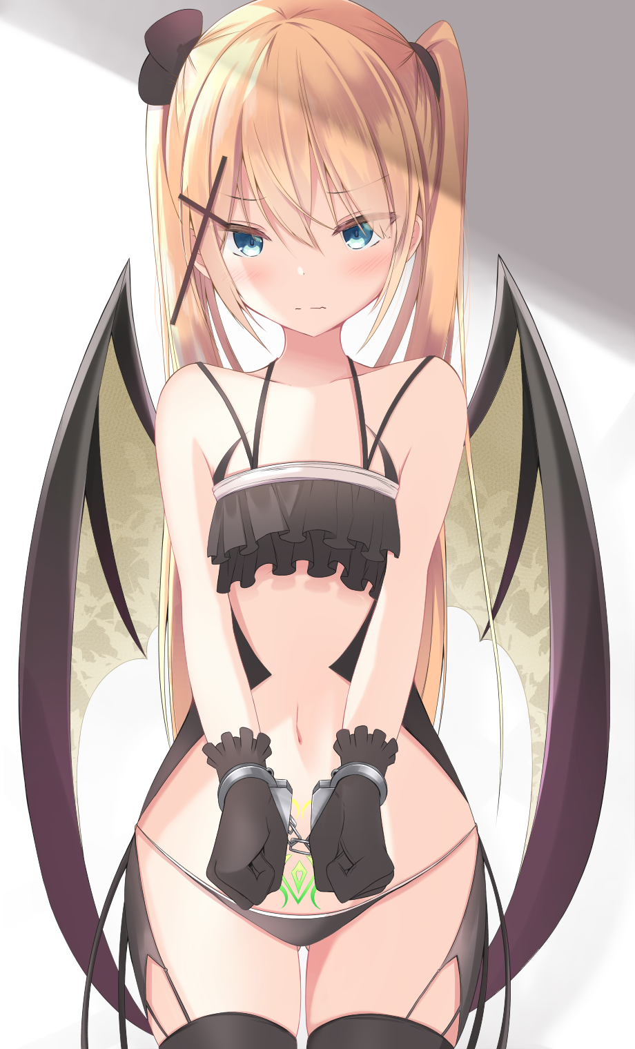 1girl ass_visible_through_thighs bare_arms bare_shoulders black_gloves black_legwear black_panties blonde_hair blue_eyes blush bound bound_wrists closed_mouth collarbone commentary_request cowboy_shot cross_hair_ornament cuffs demon_girl demon_wings doyachii frown gloves hair_ornament handcuffs highres latin_cross lingerie long_hair looking_at_viewer navel original panties pubic_tattoo restrained sidelocks solo standing tattoo thigh-highs thighs twintails underwear wings