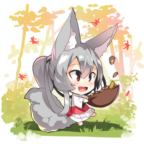1girl :d acorn animal_ear_fluff animal_ears autumn_leaves bangs barefoot blush bowl chibi commentary_request eyebrows_visible_through_hair fox_ears fox_girl fox_tail full_body grey_hair hair_between_eyes hair_rings holding holding_bowl japanese_clothes kimono long_hair long_sleeves looking_away obi open_mouth original patches pink_hair red_eyes sash sidelocks smile solo standing standing_on_one_leg tail tail_raised tree very_long_hair white_kimono wide_sleeves yuuji_(yukimimi)