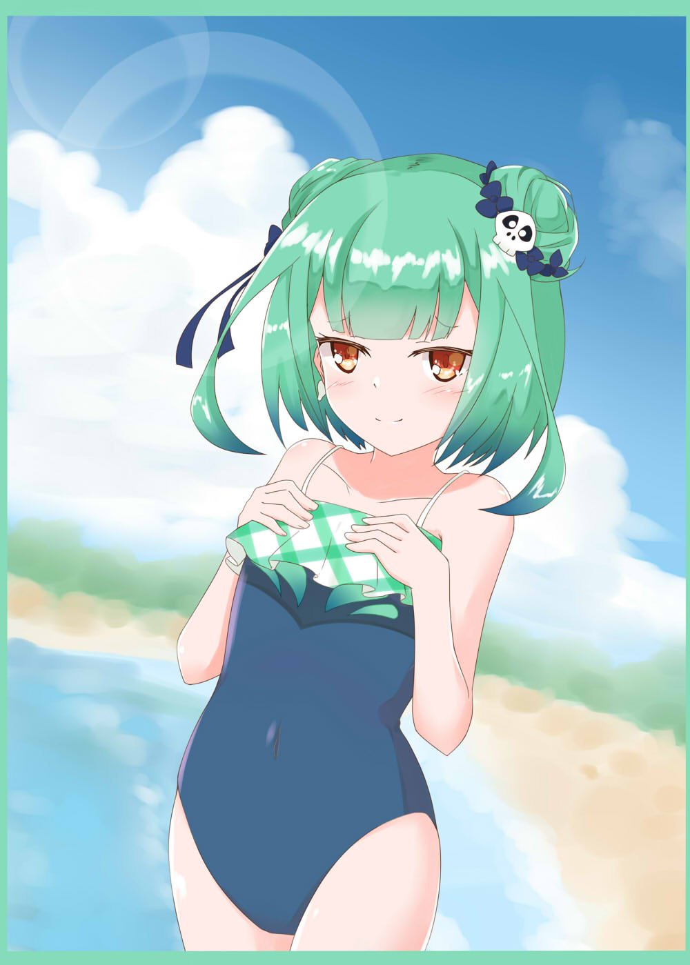 1girl alternate_costume bare_shoulders beach blue_ribbon blue_sky blue_swimsuit blush closed_mouth clouds collarbone covered_navel double_bun earrings flat_chest frilled_swimsuit frills green_hair hair_ornament hair_ribbon hands_on_own_chest highres hololive jewelry lens_flare looking_at_viewer maru_yanagi one-piece_swimsuit outdoors red_eyes ribbon sand shore skull_hair_ornament sky smile solo swimsuit uruha_rushia virtual_youtuber water