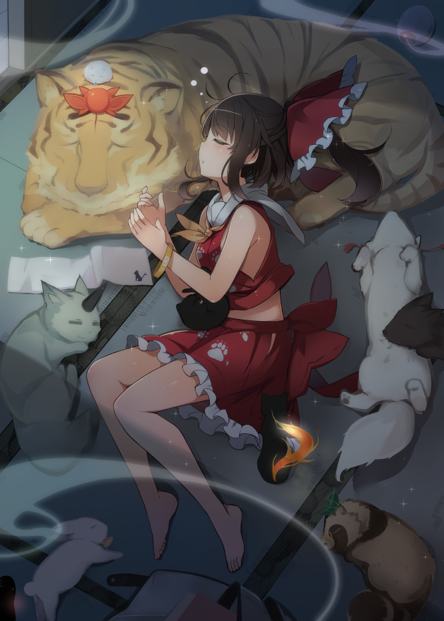 1girl animalization bangle bare_arms bare_legs bare_shoulders barefoot black_hair bow bracelet breasts bubble closed_eyes commentary_request frilled_bow frills from_above from_side futatsuiwa_mamizou futatsuiwa_mamizou_(tanuki) hair_bow hakurei_reimu half_updo hands_up horn indoors inubashiri_momiji inubashiri_momiji_(wolf) jewelry komano_aun_(komainu) medium_breasts midriff miniskirt neckerchief paw_print petticoat profile rabbit raccoon red_bow red_shirt red_skirt sailor_collar shin_(new) shirt skirt sleeping sleeveless sleeveless_shirt tatami thighs tiger toramaru_shou toramaru_shou_(tiger) touhou white_sailor_collar wily_beast_and_weakest_creature wolf yellow_neckwear