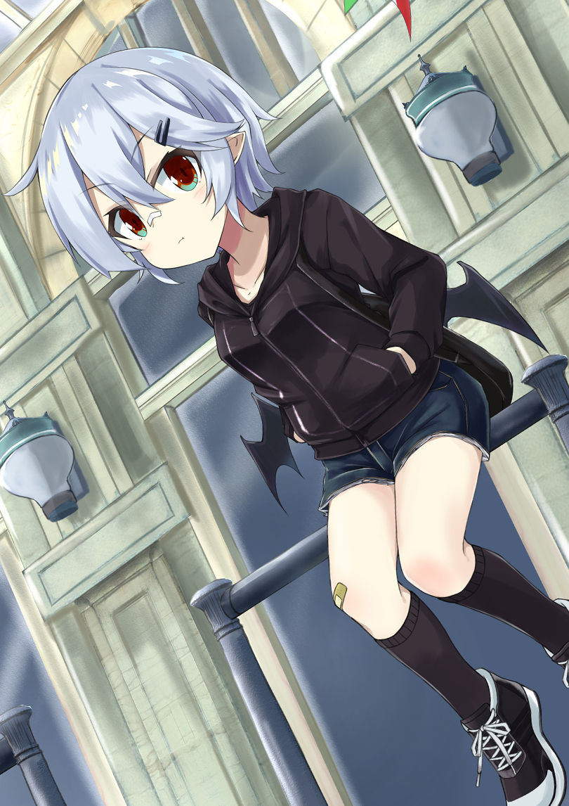1girl akisome_hatsuka bandaid bandaid_on_face bandaid_on_knee blue_hair commentary_request dutch_angle hair_ornament hairclip hands_in_pockets hood hoodie long_sleeves pointy_ears red_eyes remilia_scarlet shoes short_hair short_shorts shorts sitting sneakers solo touhou