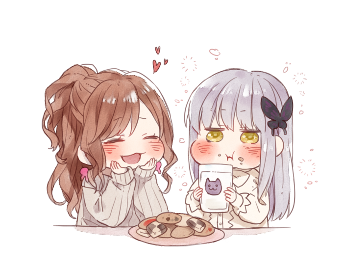 2girls :3 :d ^_^ animal_print bang_dream! blush brown_hair bunny_earrings butterfly_hair_ornament cat_print checkerboard_cookie chibi chin_rest closed_eyes cookie cup eating food grey_hair grey_sweater hair_ornament half_updo heart holding holding_cup imai_lisa kamesuke_(turtle0124) long_sleeves minato_yukina multiple_girls open_mouth plate ribbed_sweater shirt smile sweater upper_body white_background white_shirt yellow_eyes