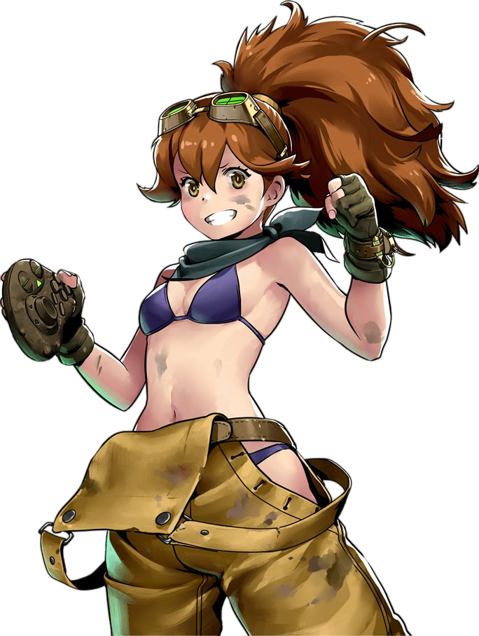alternate_hairstyle bikini breasts brown_eyes brown_hair caroline_(metal_slug) controller dirt dirty_clothes fingerless_gloves gloves goggles goggles_on_head grinding hair_between_eyes long_hair metal_slug navel official_art remote_control scarf small_breasts swimsuit transparent_background watch