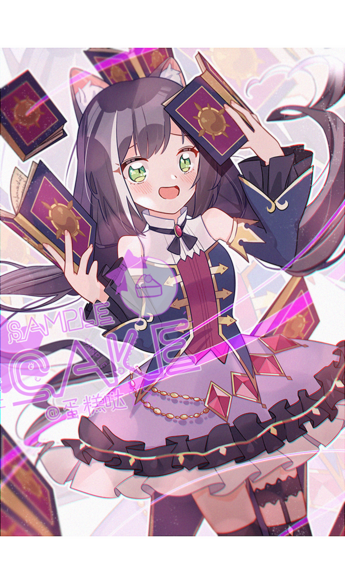 1girl :d animal_ear_fluff animal_ears artist_name bangs black_hair black_legwear blue_sleeves blush book cake_(isiofb) cat_ears cat_girl cat_tail commentary_request detached_sleeves dutch_angle eyebrows_behind_hair frilled_skirt frills green_eyes hands_up highres holding holding_book kyaru_(princess_connect) long_sleeves multicolored_hair open_book open_mouth princess_connect! princess_connect!_re:dive purple_skirt sample shirt skirt sleeveless sleeveless_shirt smile solo streaked_hair tail thigh-highs white_hair white_shirt wide_sleeves