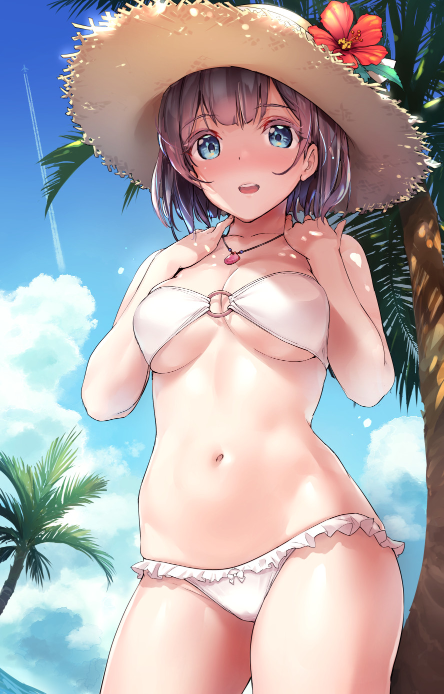 1girl aircraft airplane bangs bikini blue_eyes blue_sky breasts brown_hair clouds collarbone commentary_request condensation_trail copyright_request cowboy_shot day eyebrows_visible_through_hair flower frilled_bikini frills hands_on_own_chest hands_up hat hat_flower highres jewelry legs_apart looking_at_viewer medium_breasts necklace o-ring o-ring_bikini o-ring_top open_mouth outdoors palm_tree shimazu_tekkou short_hair sky solo standing straw_hat swimsuit tareme tree upper_teeth white_bikini