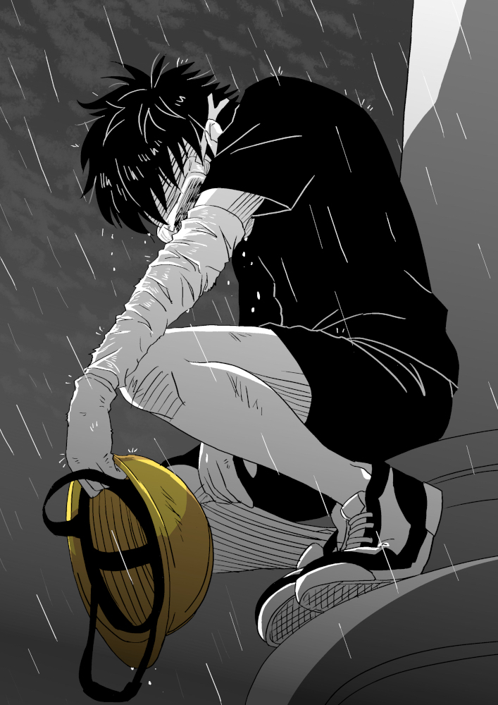 1boy black_hair black_shirt black_shorts detached_sleeves gas_mask grey_sky hardhat hat hat_removed headwear_removed helmet male_focus messy_hair original original_character outdoors rain sad shirt shoes shorts sitting smalltung sneakers spot_color