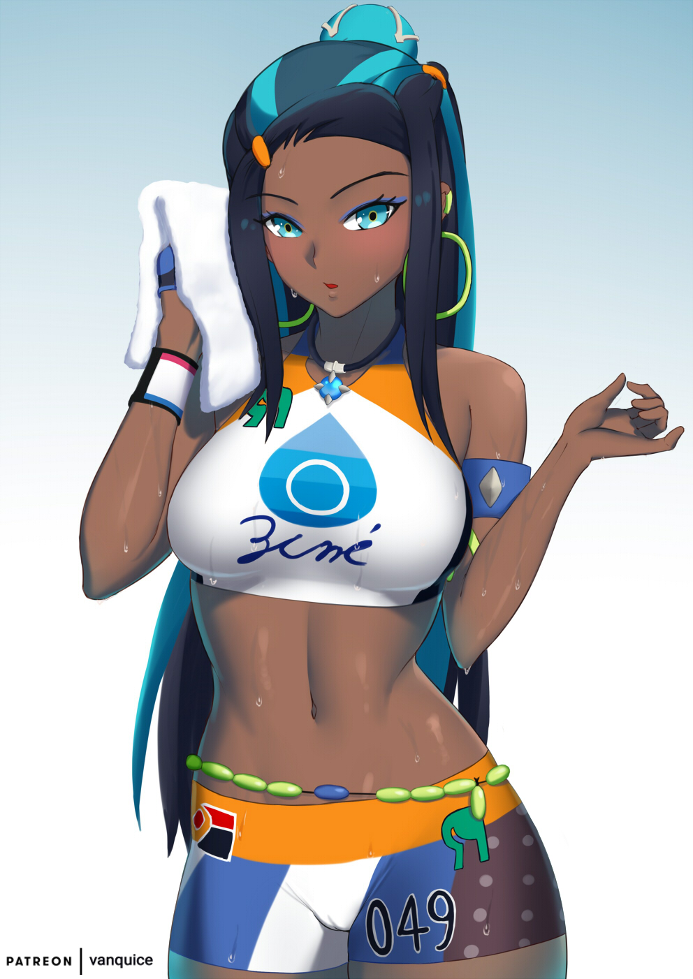 1girl armlet bare_shoulders belly_chain black_hair blue_eyes blue_hair blush breasts dark_skin earrings eyeliner forehead gloves gradient gradient_background gym_leader hair_bun highres hoop_earrings jewelry long_hair looking_at_viewer makeup medium_breasts multicolored_hair navel necklace open_mouth partly_fingerless_gloves pokemon pokemon_(game) pokemon_swsh rurina_(pokemon) shorts sidelocks single_glove solo sports_bra sportswear towel two-tone_hair vanquice