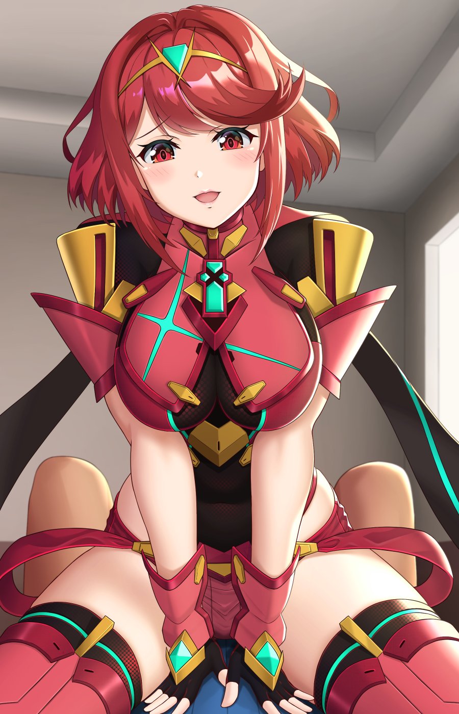 1boy 1girl bangs bedroom between_legs breasts covered_navel fingerless_gloves gem girl_on_top gloves hand_between_legs headpiece hetero highres pyra_(xenoblade) indoors large_breasts open_mouth red_eyes red_shorts redhead rex_(xenoblade_2) short_hair shorts shoulder_armor solo_focus sssemiii straddling swept_bangs thigh-highs thighs tiara window xenoblade_(series) xenoblade_2