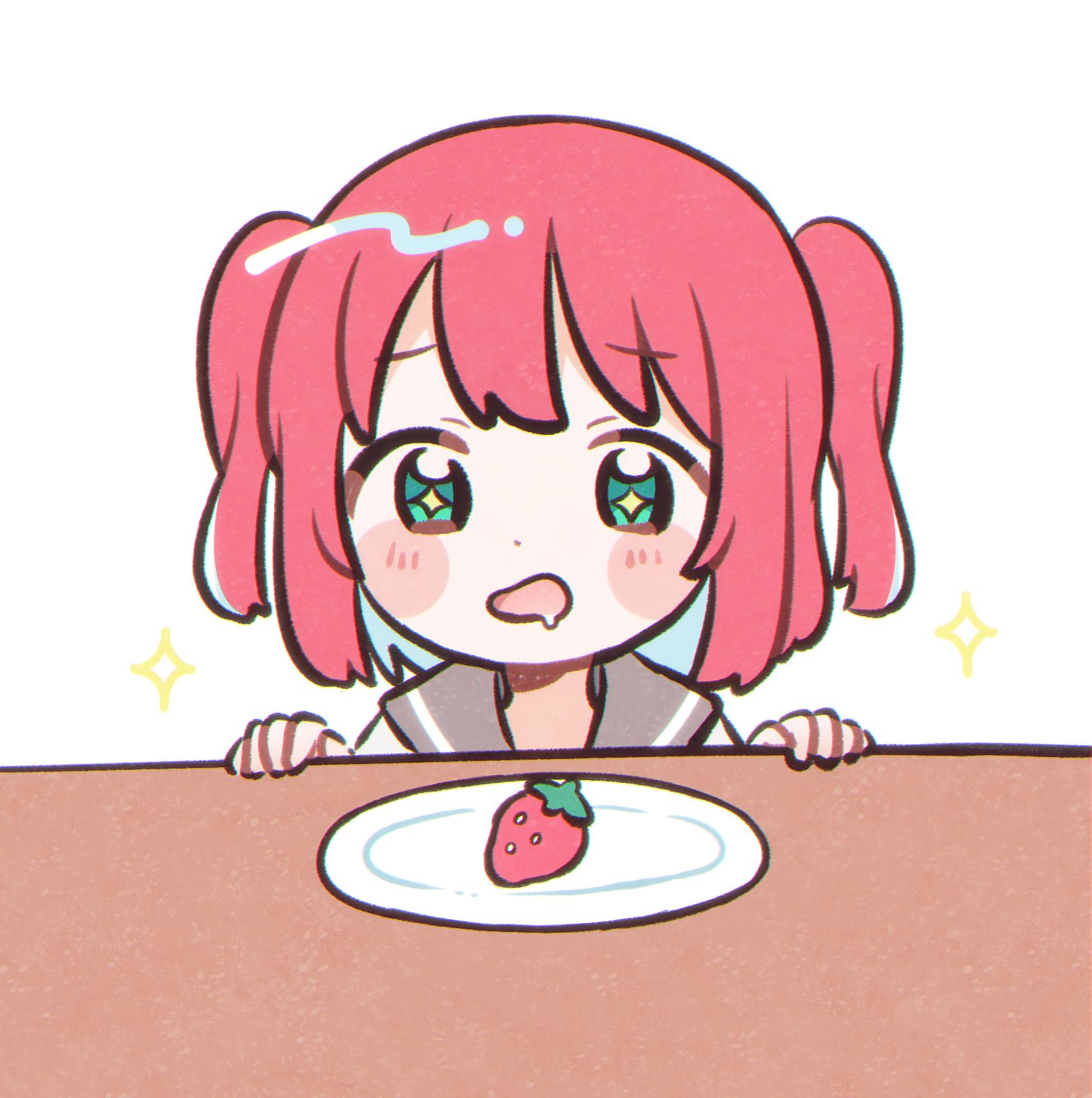 +_+ 1girl bangs blush_stickers commentary_request drooling food fruit green_eyes highres kurosawa_ruby love_live! love_live!_sunshine!! plate redhead school_uniform serafuku short_hair solo sparkle staring strawberry table two-sided_hair two_side_up upper_body uranohoshi_school_uniform yashino_84