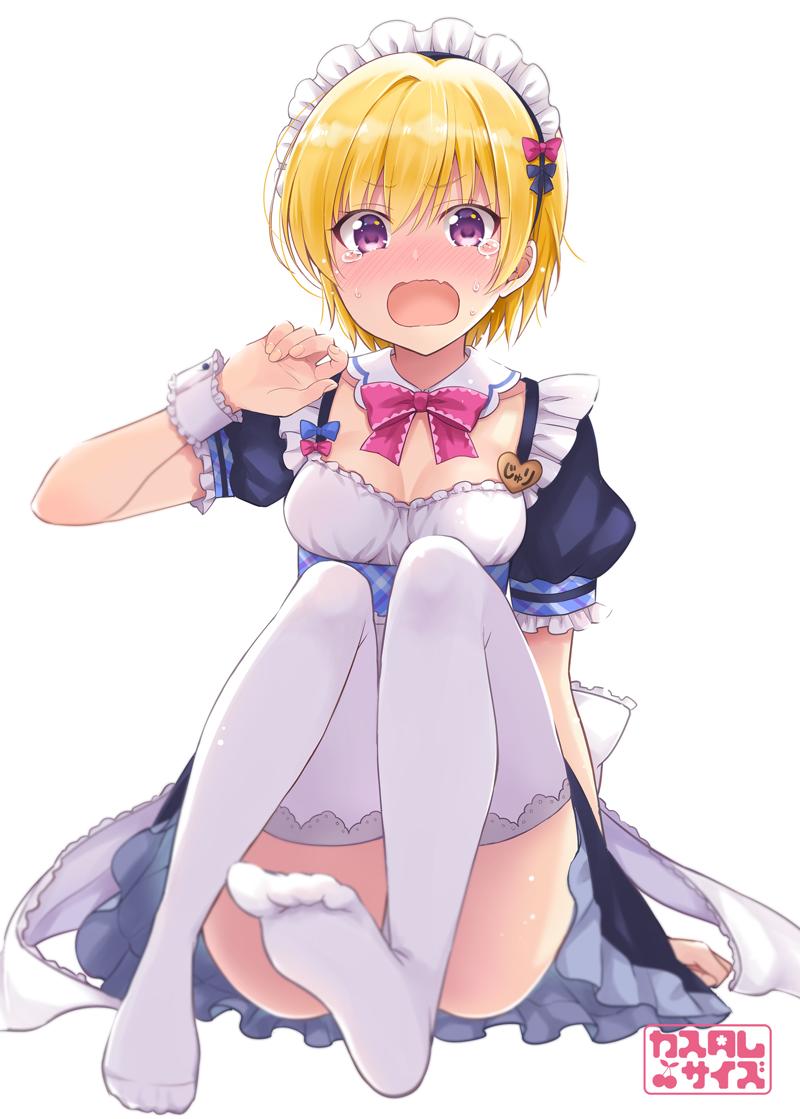 1girl :o artist_name black_bow blonde_hair blush bow bowtie breasts clenched_hands commentary_request crying detached_collar frilled_sleeves frills hair_bow idolmaster idolmaster_shiny_colors maid maid_headdress name_tag no_shoes nose_blush open_mouth pink_bow pink_neckwear saijou_juri sakurai_makoto_(custom_size) short_hair short_sleeves simple_background skirt small_breasts solo tears thigh-highs v-shaped_eyebrows violet_eyes white_background white_legwear wrist_cuffs