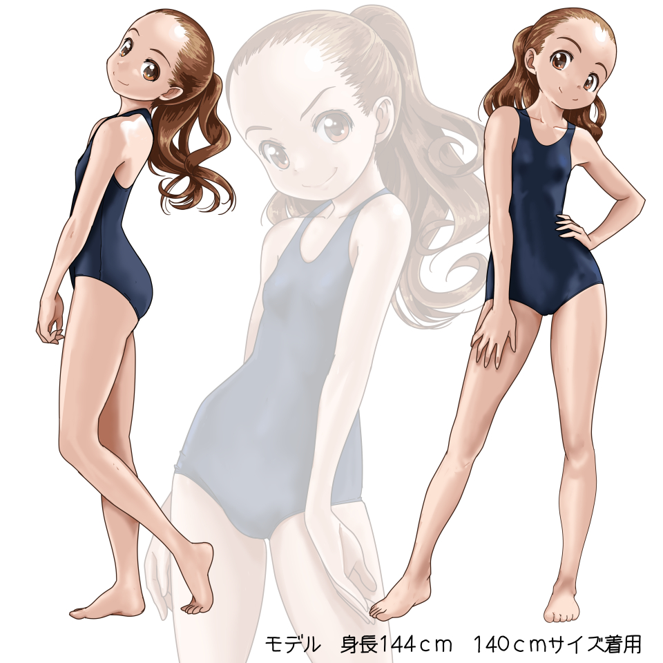 2girls ass barefoot brown_eyes brown_hair commentary_request forehead from_side full_body hand_on_hip hand_on_own_thigh head_tilt legs long_hair multiple_girls one-piece_swimsuit original rohitsuka school_swimsuit simple_background smile swimsuit white_background