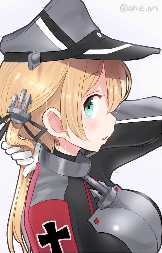 1girl ahenn anchor anchor_hair_ornament aqua_eyes bangs blonde_hair blush breasts eyebrows_visible_through_hair from_side gloves grey_background hair_ornament hat iron_cross kantai_collection long_hair long_sleeves low_twintails military military_hat military_uniform open_mouth peaked_cap prinz_eugen_(kantai_collection) simple_background solo sweat twintails twitter_username uniform upper_body white_gloves