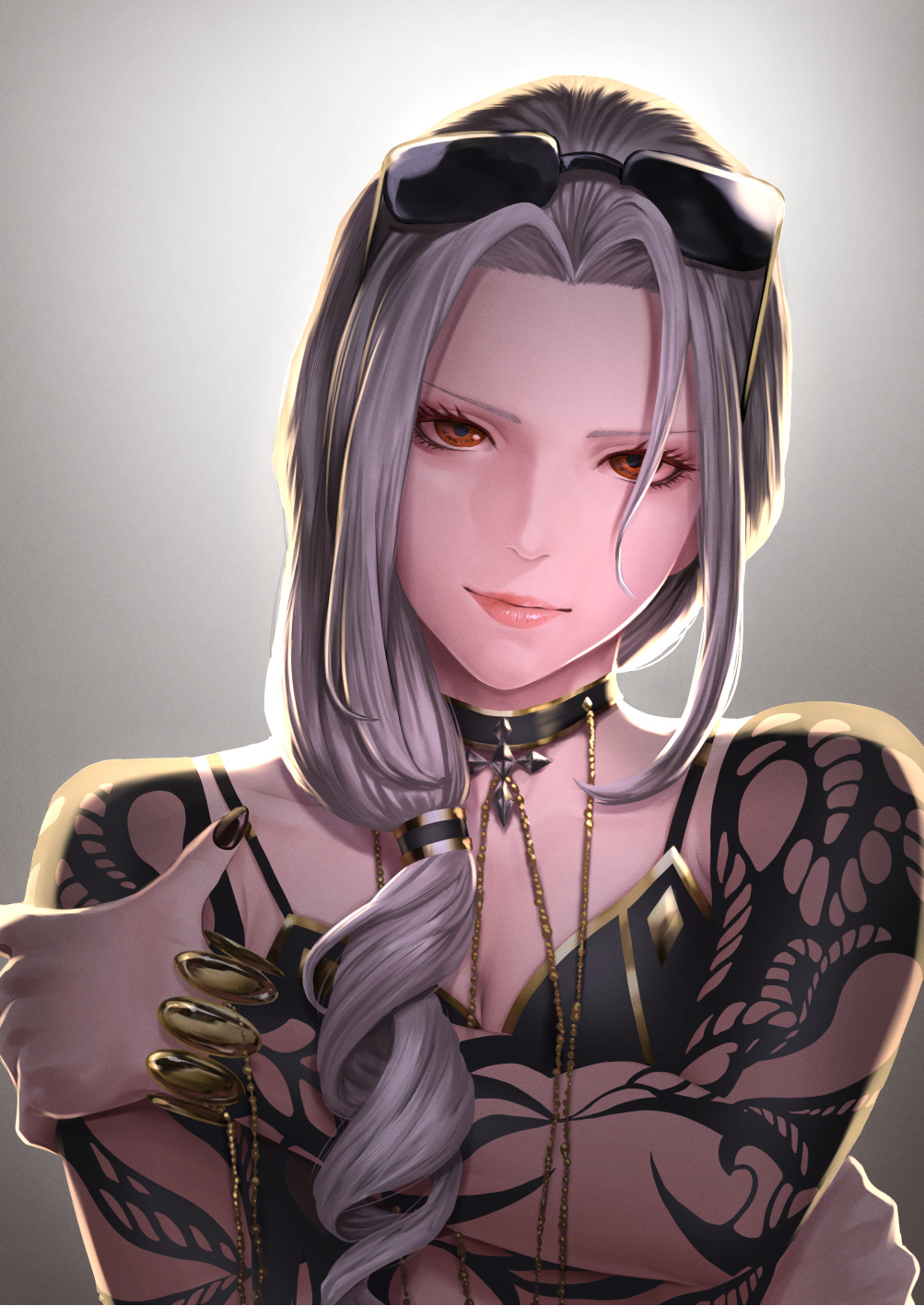 1girl backlighting bikini black_bikini black_nails bracelet carmilla_(fate/grand_order) carmilla_(swimsuit_rider)_(fate) chain choker commentary_request eyelashes eyewear_on_head fate/grand_order fate_(series) gold_chain grey_background grey_hair hair_over_shoulder highres holding_own_arm jewelry lips long_hair looking_at_viewer mugetsu2501 nail_polish red_eyes simple_background solo sunglasses swimsuit upper_body