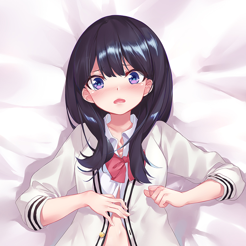 1girl bangs black_hair blue_eyes blush bow bowtie breasts cardigan cirnos collarbone commentary_request long_hair long_sleeves looking_at_viewer lying on_back red_bow solo ssss.gridman takarada_rikka violet_eyes