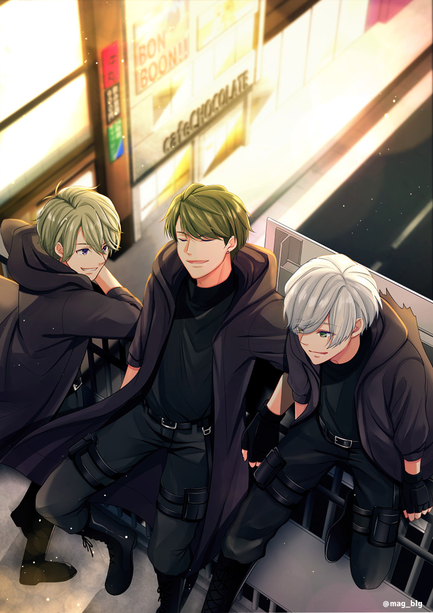 3boys a3! belt black_cloak black_footwear black_pants black_shirt blurry blurry_background boots character_request cloak closed_eyes day green_eyes green_hair highres hood hooded_cloak mag_blg male_focus mikage_hisoka multiple_boys outdoors pants shirt silver_hair smile standing thigh_pouch thigh_strap twitter_username utsuki_chikage