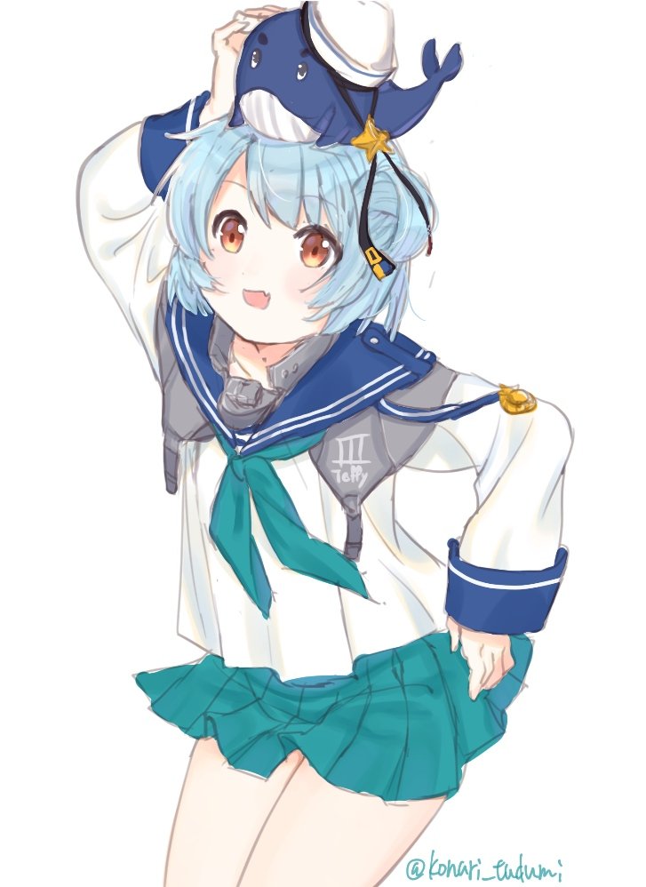 1girl 1other animal animal_on_head aqua_neckwear aqua_skirt black_ribbon blue_hair blue_sailor_collar cowboy_shot dixie_cup_hat double_bun hat hat_ribbon kantai_collection little_blue_whale_(kantai_collection) long_sleeves military_hat miniskirt navy_cross neckerchief on_head pleated_skirt ribbon sailor_collar samuel_b._roberts_(kantai_collection) school_uniform serafuku shirt short_hair simple_background skirt sleeve_cuffs tsuzumi_(user_fpck7323) twitter_username whale white_background white_headwear white_shirt yellow_eyes