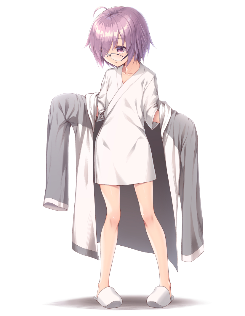 1girl ahoge bangs bare_legs black-framed_eyewear child collarbone commentary_request eyebrows_visible_through_hair fate/grand_order fate_(series) full_body glasses jacket long_sleeves looking_down mash_kyrielight nullken open_clothes open_jacket oversized_clothes pigeon-toed purple_hair short_hair simple_background slippers solo standing violet_eyes white_background white_footwear white_jacket younger