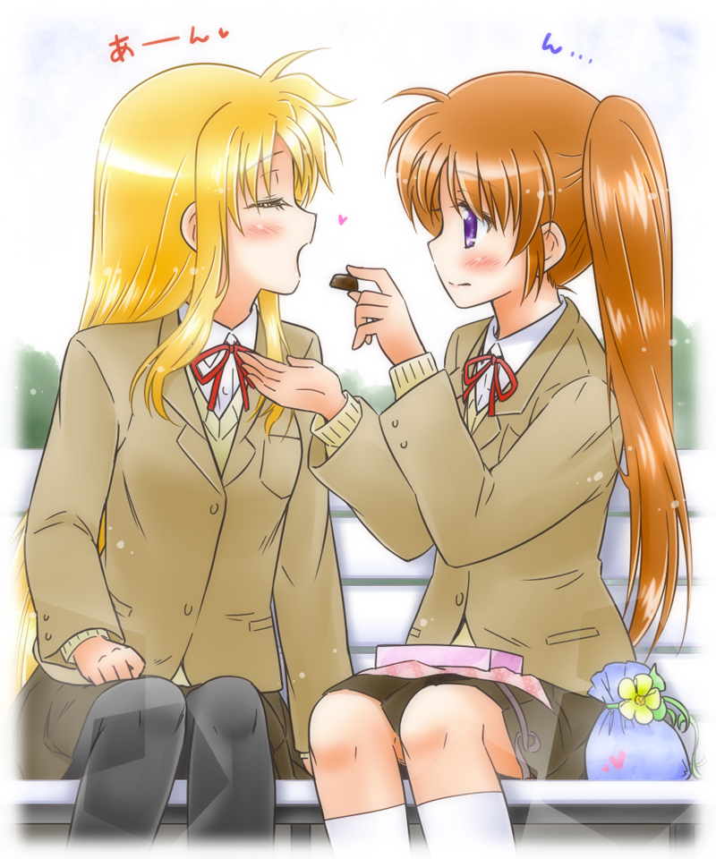 2girls bench blazer blonde_hair blue_eyes blush box brown_hair chocolate closed_eyes couple feeding flower food grass happy jacket knees looking_at_another lyrical_nanoha mahou_shoujo_lyrical_nanoha mahou_shoujo_lyrical_nanoha_a's multiple_girls neck_ribbon obentou open_mouth red_ribbon ribbon school_uniform shinozuki_takumi simple_background sitting skirt smile translated uniform violet_eyes white_background yellow_flower yuri