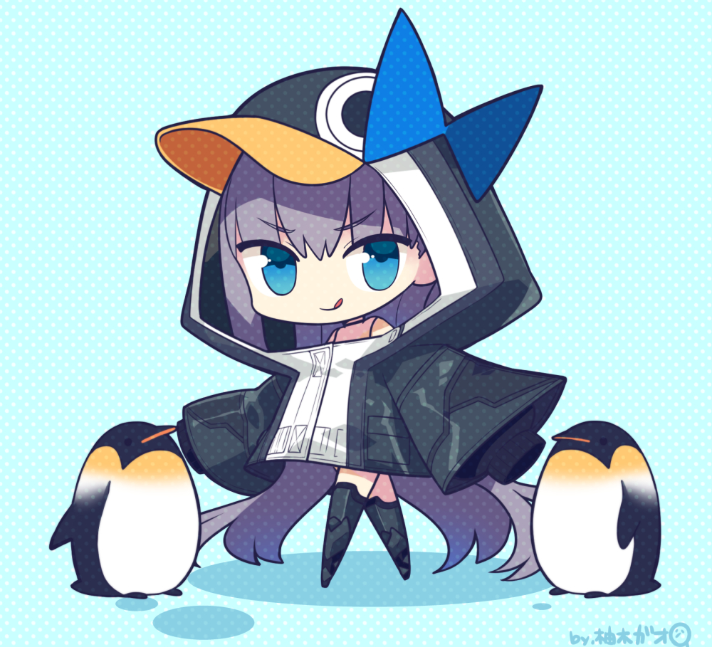 1girl :q animal animal_hood bangs bird black_jacket blue_background blue_bow blue_eyes bow chibi closed_mouth colored_shadow commentary_request eyebrows_visible_through_hair fate/grand_order fate_(series) hair_between_eyes hood hood_up hooded_jacket jacket long_hair looking_at_viewer meltryllis meltryllis_(swimsuit_lancer)_(fate) penguin penguin_hood polka_dot polka_dot_background purple_hair shadow signature smile solo standing tongue tongue_out v-shaped_eyebrows very_long_hair yuzuki_gao
