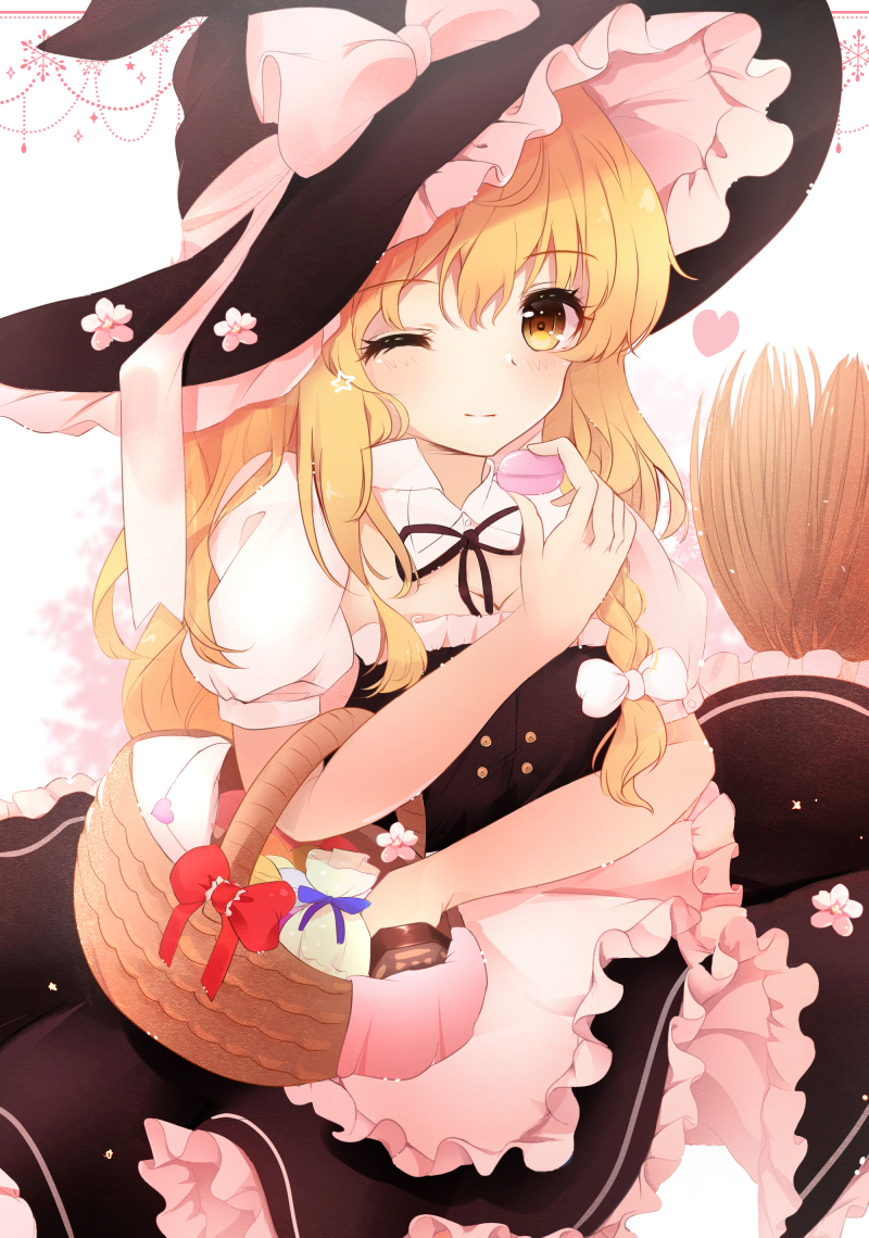 1girl apron arm_up black_skirt black_vest blonde_hair blurry braid broom commentary_request depth_of_field envelope expressionless eyebrows_visible_through_hair food hair_between_eyes hair_ribbon hat hat_ribbon heart holding holding_food hunya kirisame_marisa long_hair love_letter macaron one_eye_closed petticoat picnic_basket puffy_short_sleeves puffy_sleeves ribbon shirt short_sleeves single_braid skirt solo standing touhou tree tress_ribbon very_long_hair vest waist_apron white_shirt witch_hat yellow_eyes